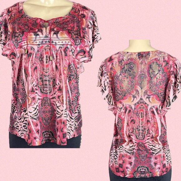 Unity World Wear L Pink Artsy Print Tie Neck Stud Detail Flutter Sleeve Blouse - Picture 1 of 6